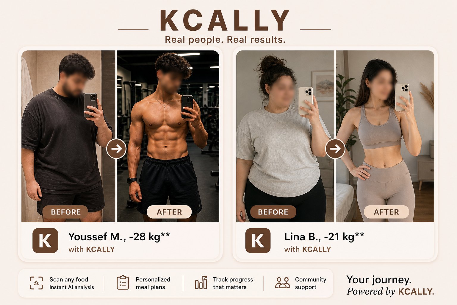 Two Kcally member transformations side by side, before and after using the meal plan
